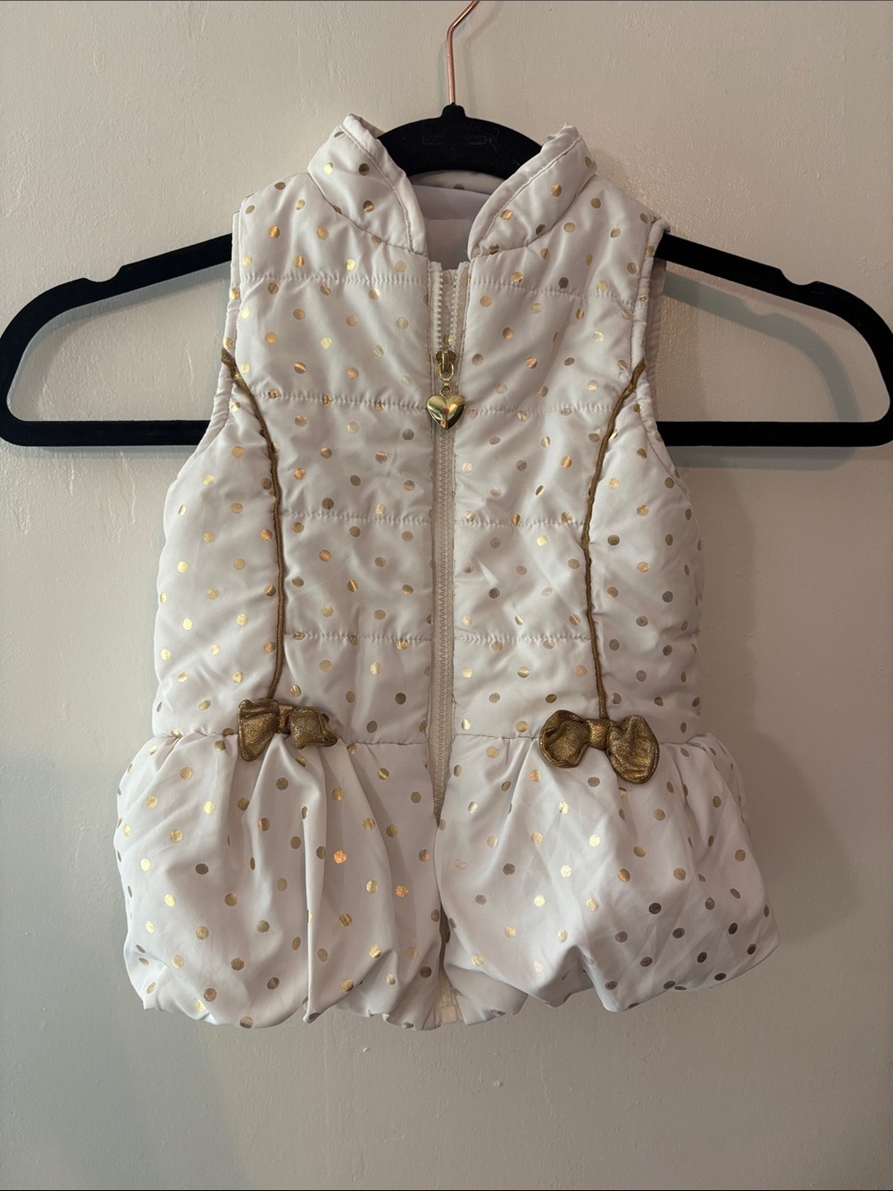 Kids Headquarters White Puffer Vest with Gold Polka Dots and Bows